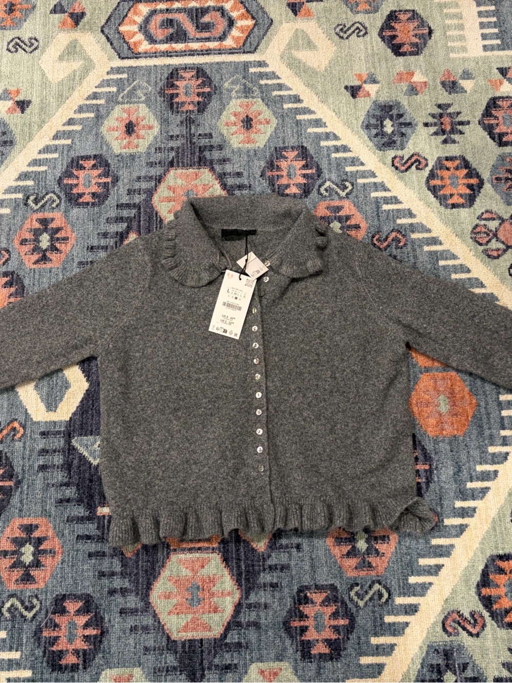 Zara Gray Ruffle-Trim Button-Up Sweater - Women NWT